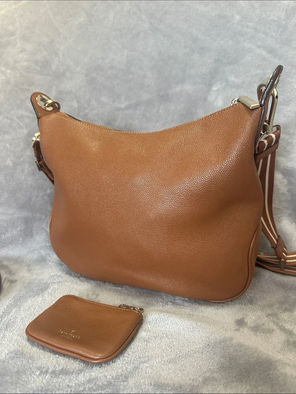 kate spade Brown Pebbled Leather Crossbody with Striped Strap